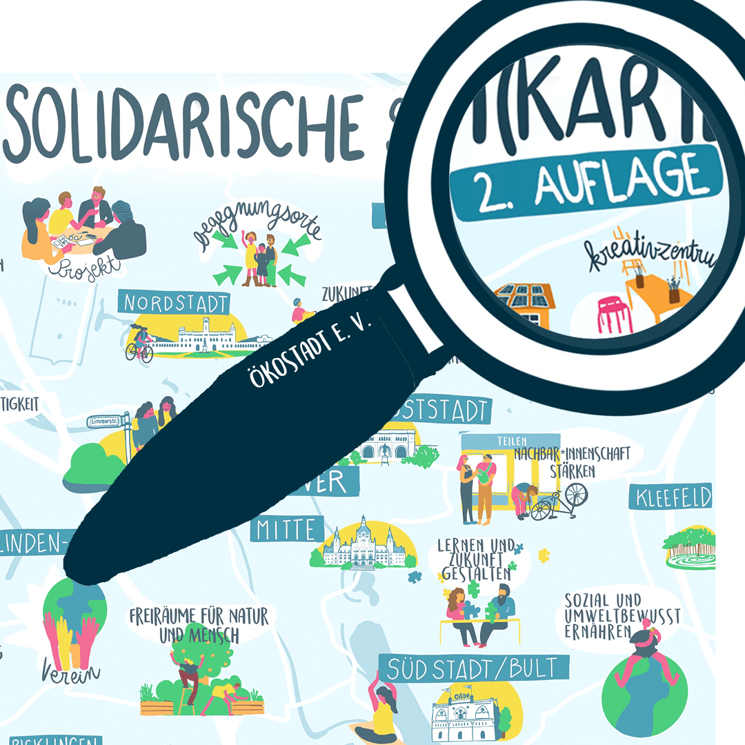 solidarische Stadt(karte) mit Lupe und Ökostadt Logo